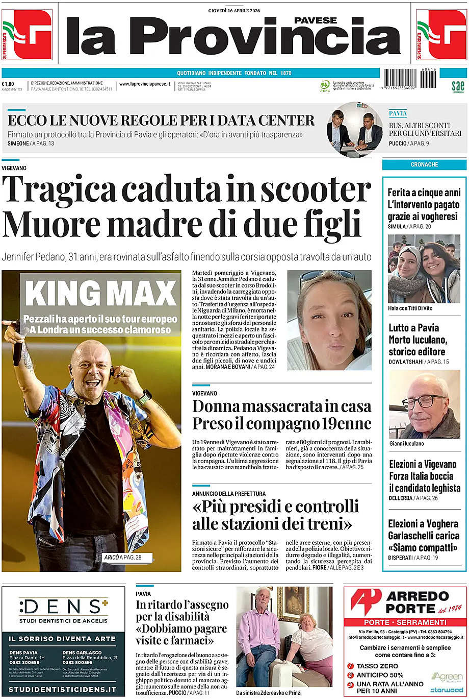 Prima pagina La Provincia Pavese di oggi - Edicola 16 Aprile 2026