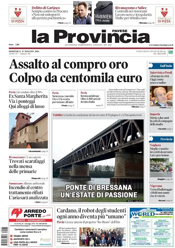 Prima pagina La Provincia Pavese di oggi - Edicola 31 Maggio 2026