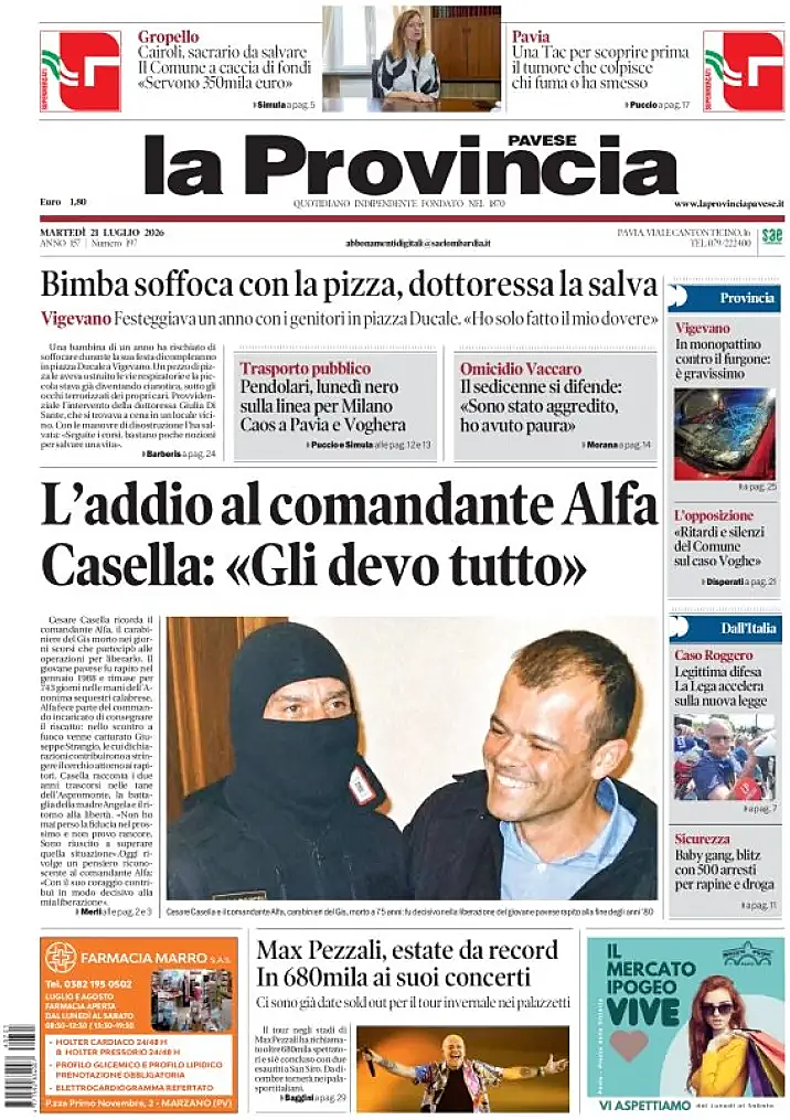Prima pagina La Provincia Pavese di oggi - Edicola 21 Luglio 2026
