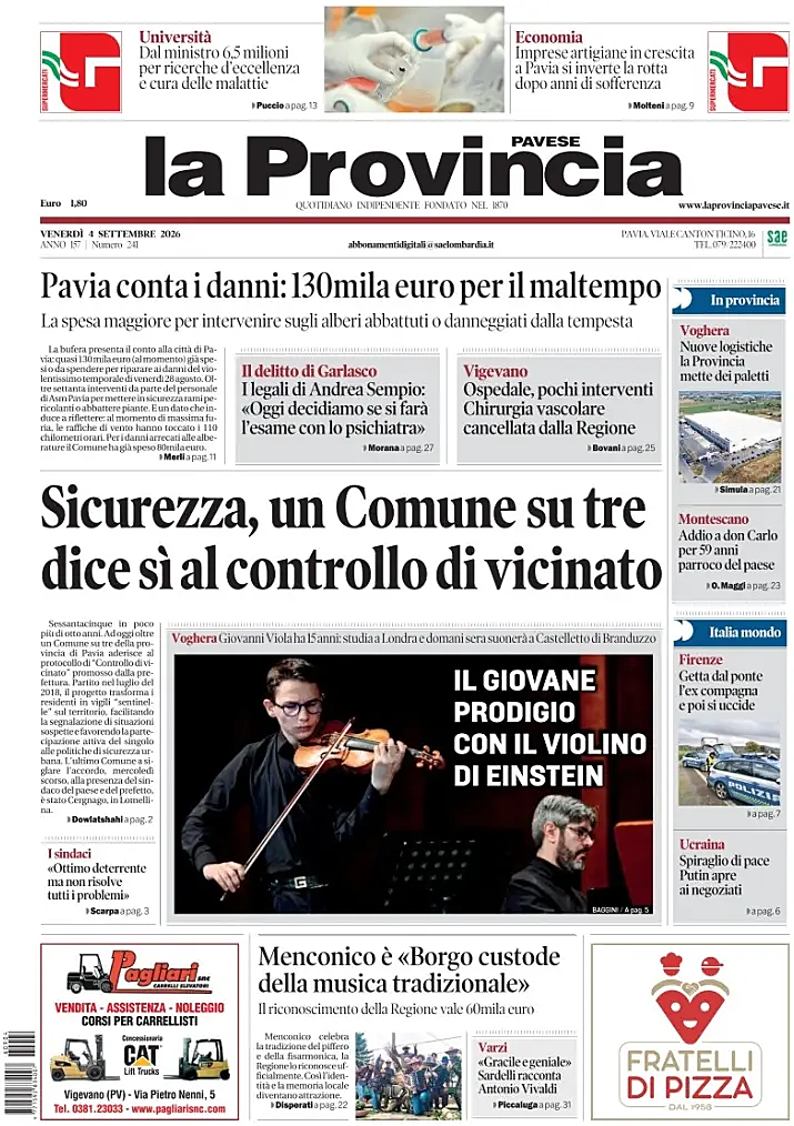 Prima pagina La Provincia Pavese di oggi - Edicola 4 Settembre 2026