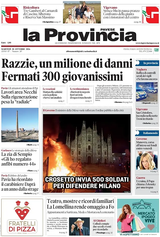 Prima pagina La Provincia Pavese di oggi - Edicola 20 Ottobre 2026