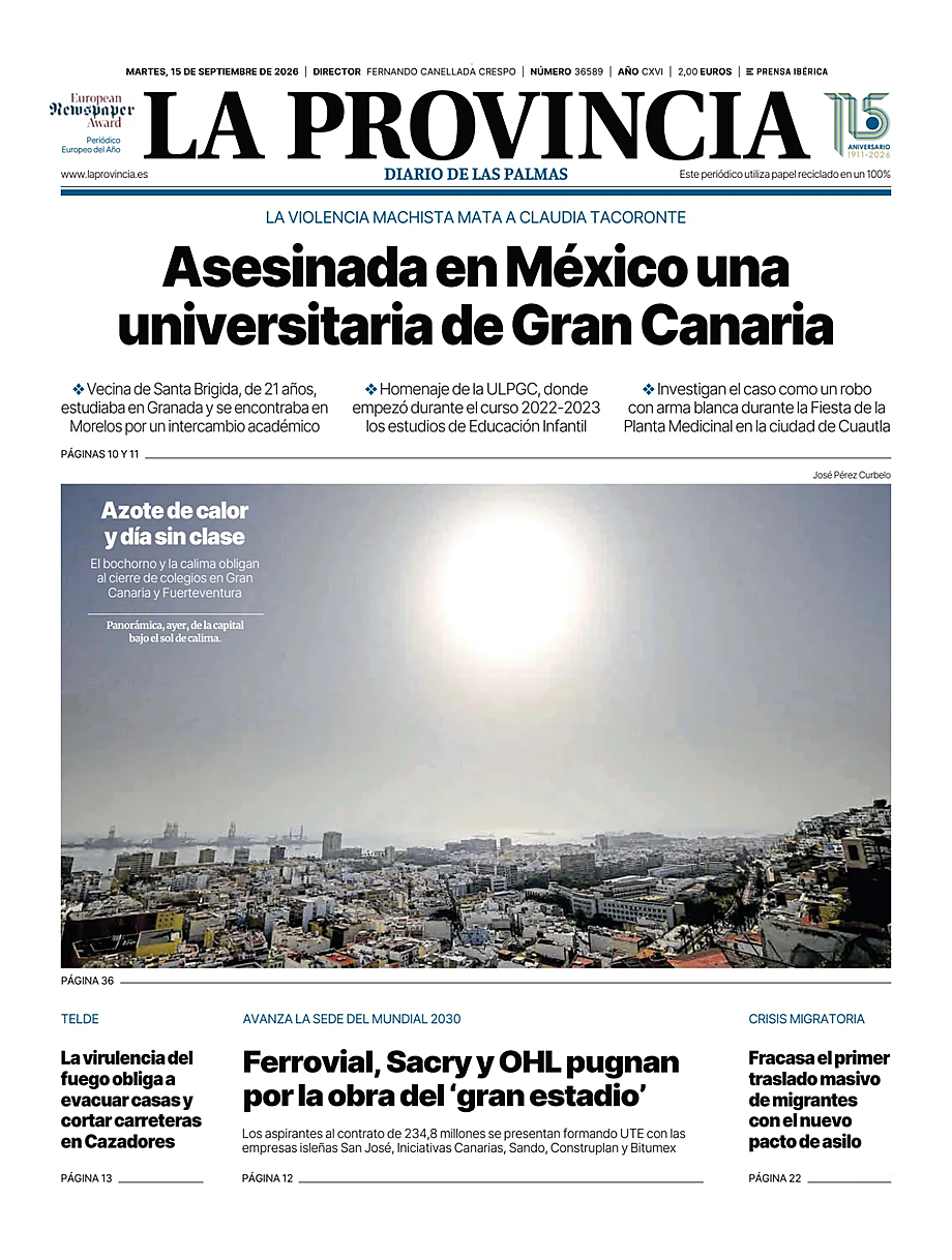 Portada La Provincia de hoy - Quiosco 15 septiembre 2026