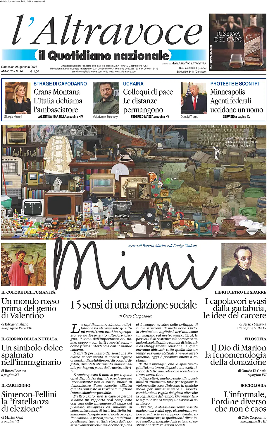 Prima pagina Il Quotidiano del Sud L'Altravoce di oggi - Edicola 25 Gennaio 2026