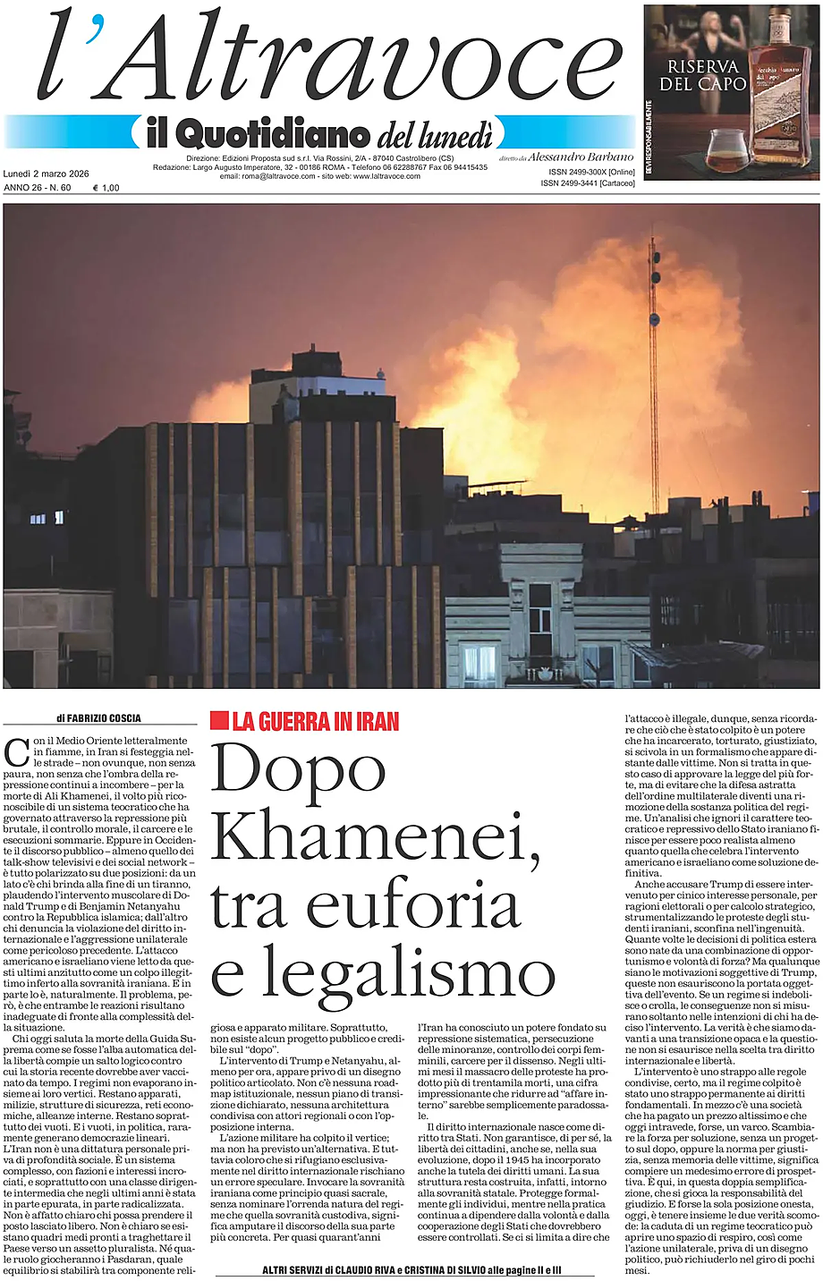 Prima pagina Il Quotidiano del Sud L'Altravoce di oggi - Edicola 2 Marzo 2026