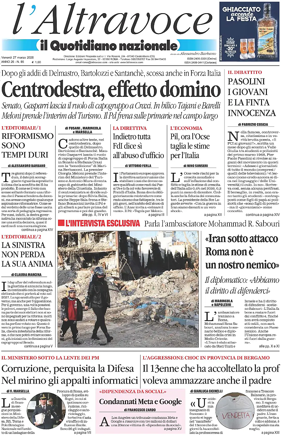 Prima pagina Il Quotidiano del Sud L'Altravoce di oggi - Edicola 27 Marzo 2026