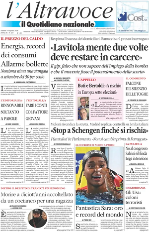 Prima pagina Il Quotidiano del Sud L'Altravoce di oggi - Quotidiano nazionale