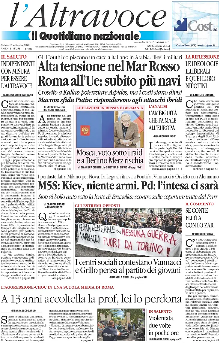Prima pagina Il Quotidiano del Sud L'Altravoce di oggi - Edicola 19 Settembre 2026