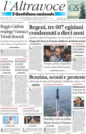 Prima pagina Il Quotidiano del Sud L'Altravoce di oggi - Quotidiano nazionale