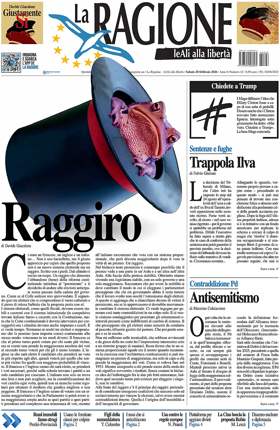 Prima pagina La Ragione di oggi - Edicola 28 Febbraio 2026