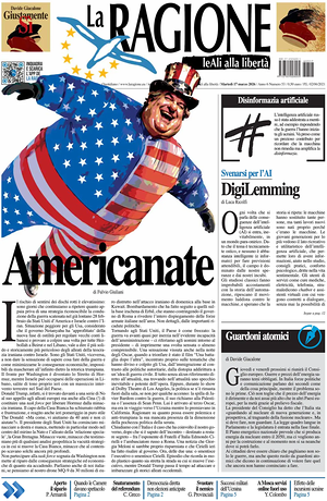 Prima pagina La Ragione di oggi - Quotidiano nazionale