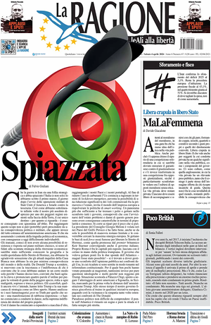Prima pagina La Ragione di oggi - Quotidiano nazionale