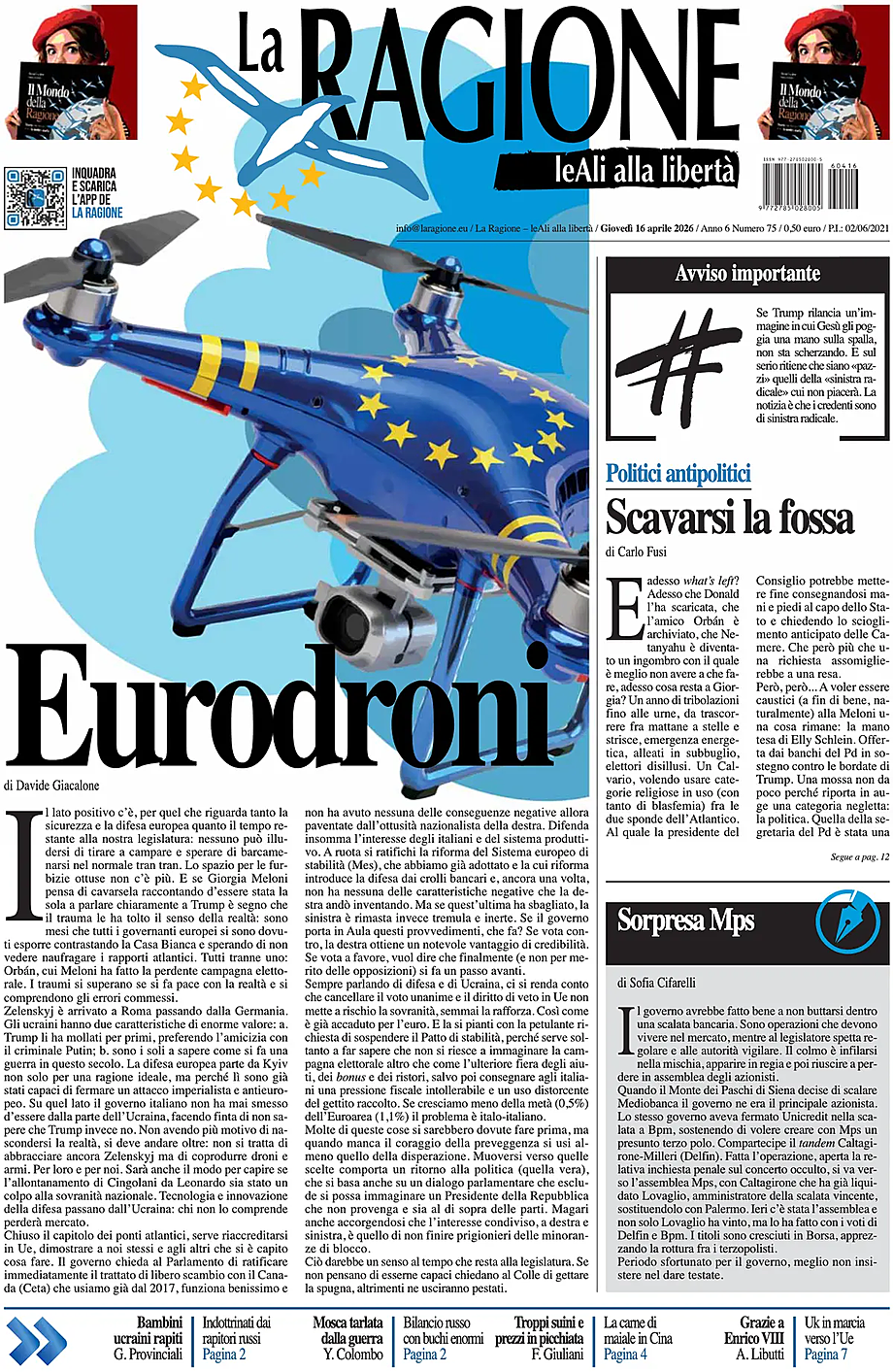 Prima pagina La Ragione di oggi - Edicola 16 Aprile 2026