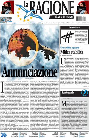 Prima pagina La Ragione di oggi - Quotidiano nazionale
