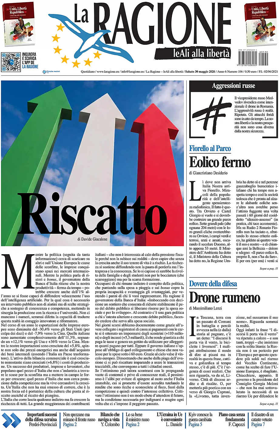 Prima pagina La Ragione di oggi - Edicola 30 Maggio 2026