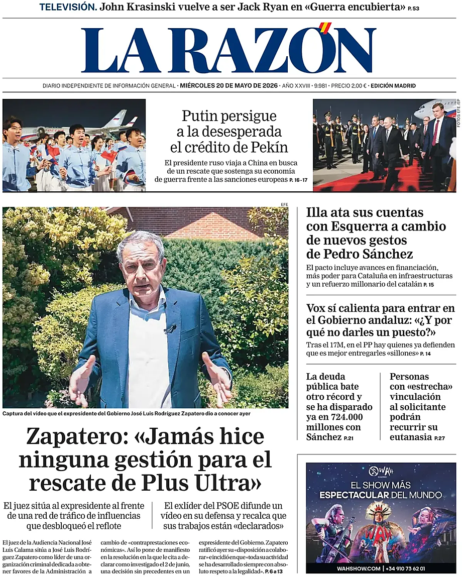Portada La Razón de hoy - Quiosco 20 mayo 2026