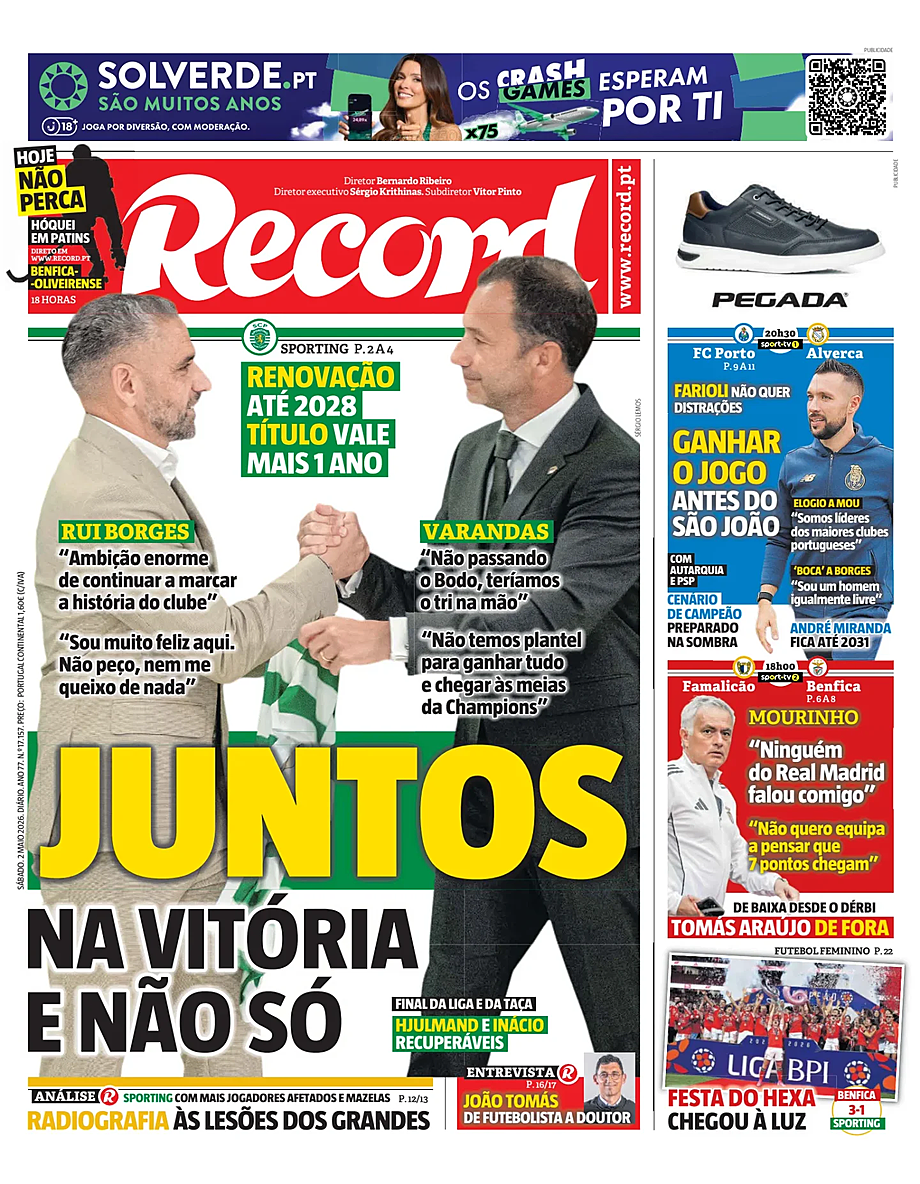 Capa de Record de hoje - Imprensa 2 Maio 2026