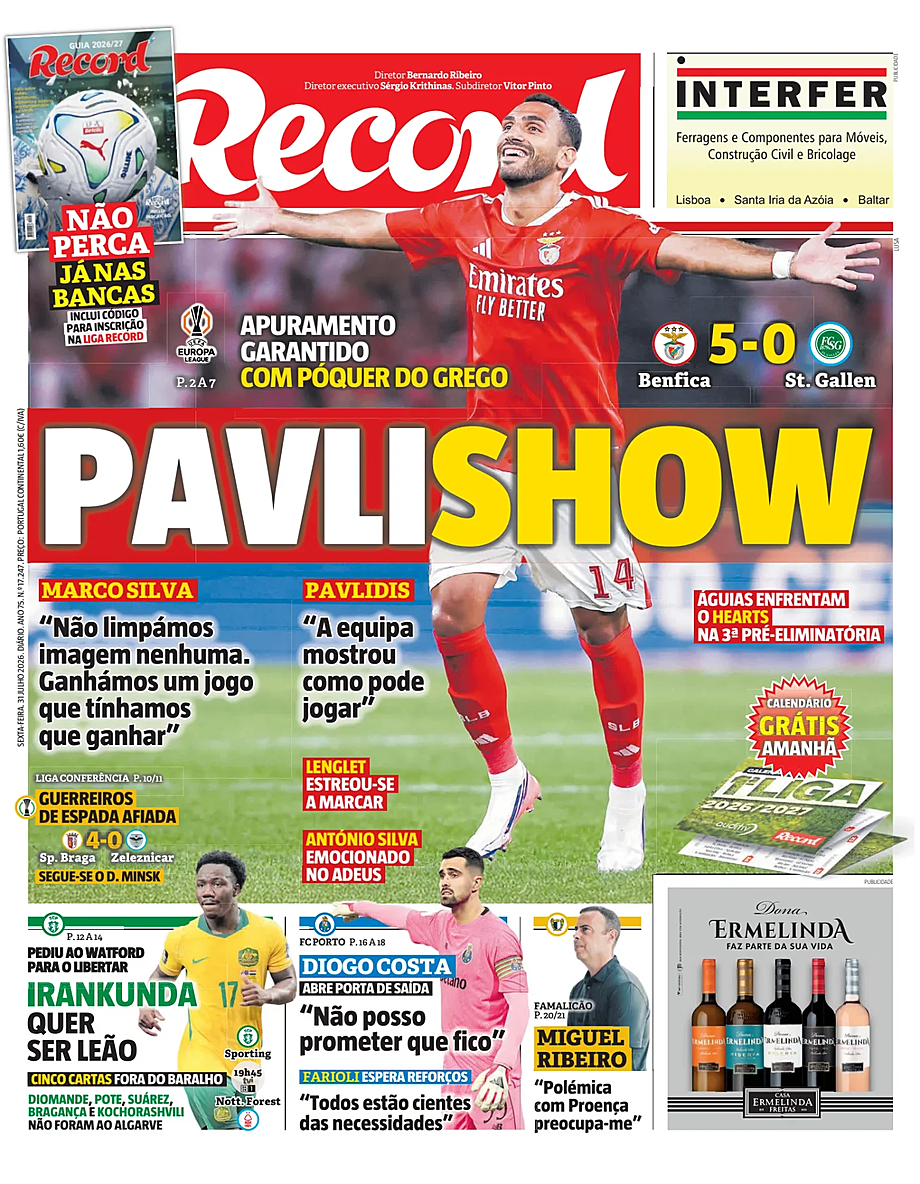 Capa de Record de hoje - Imprensa 31 Julho 2026