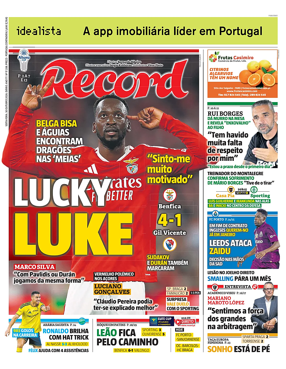 Capa de Record de hoje - Imprensa 30 Outubro 2026