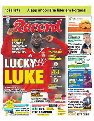 Capa de Record de hoje - Jornal desporto