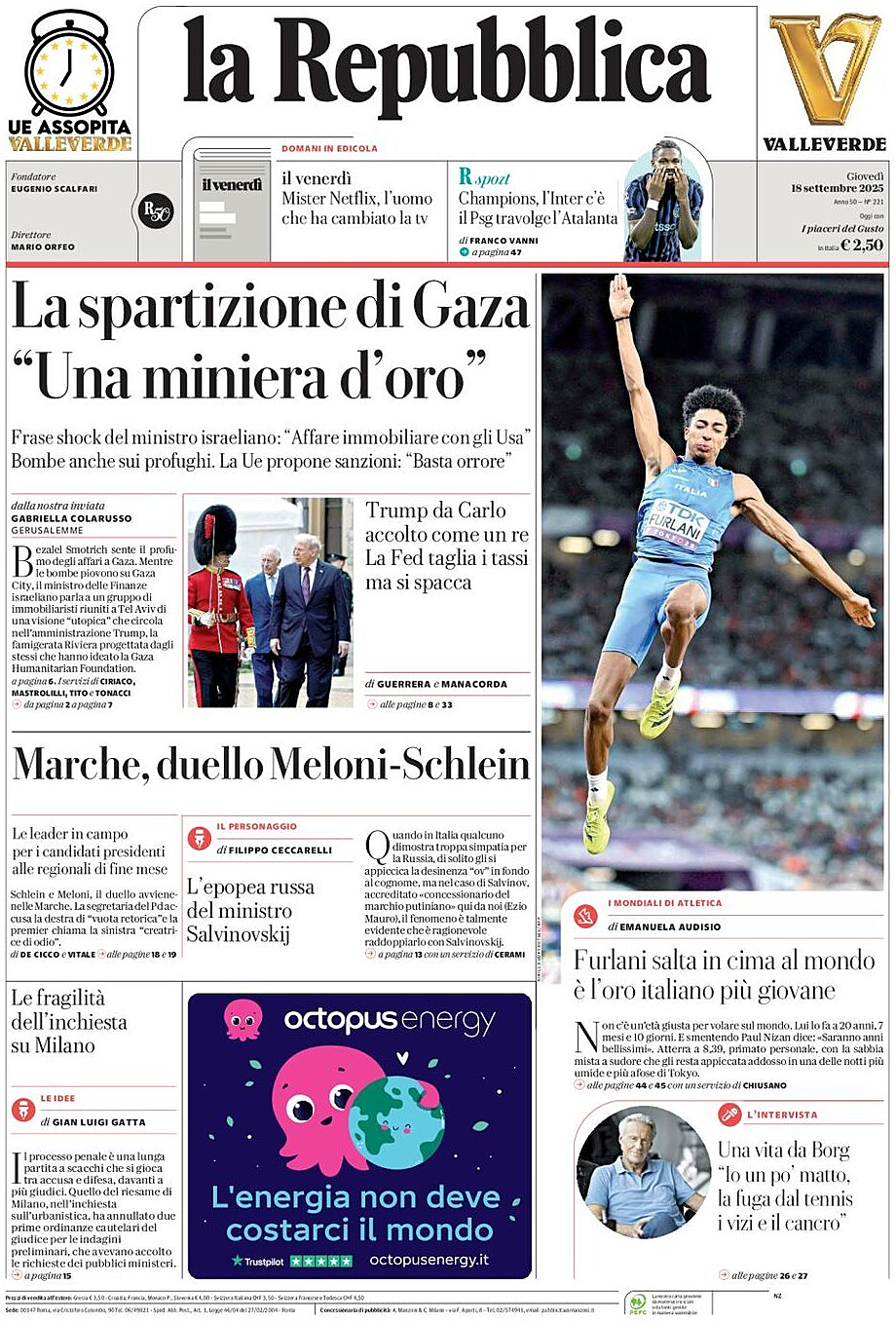 Prima pagina La Repubblica di oggi - Edicola 18 Settembre 2025