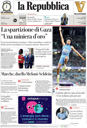 Prima pagina La Repubblica di oggi - Quotidiano nazionale