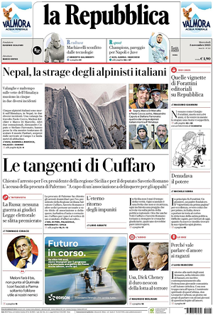 Prima pagina La Repubblica di oggi - Quotidiano nazionale