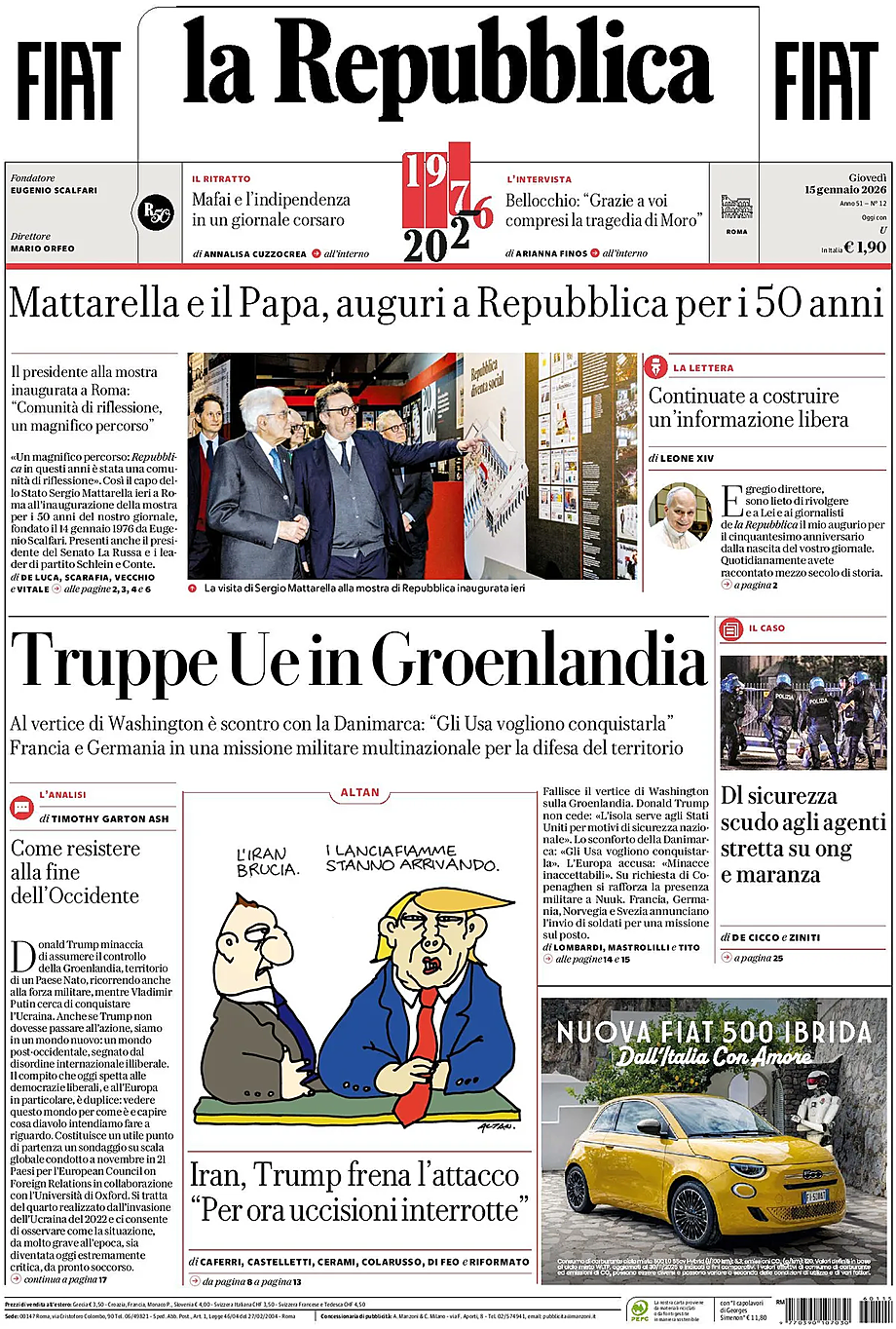 Prima pagina La Repubblica di oggi - Edicola 15 Gennaio 2026
