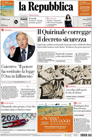 Prima pagina La Repubblica di oggi - Quotidiano nazionale