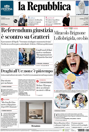 Prima pagina La Repubblica di oggi - Quotidiano nazionale