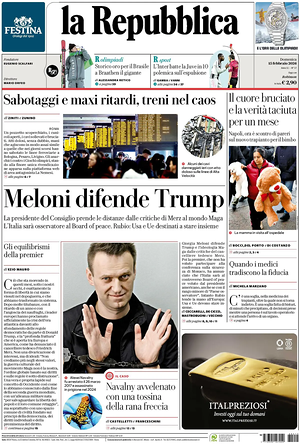 Prima pagina La Repubblica di oggi - Quotidiano nazionale