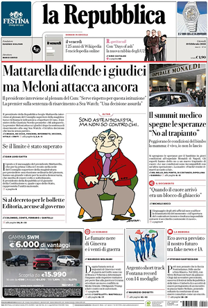 Prima pagina La Repubblica di oggi - Quotidiano nazionale
