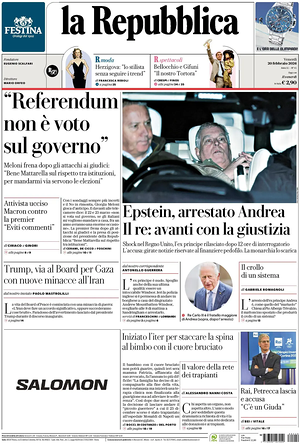 Prima pagina La Repubblica di oggi - Quotidiano nazionale