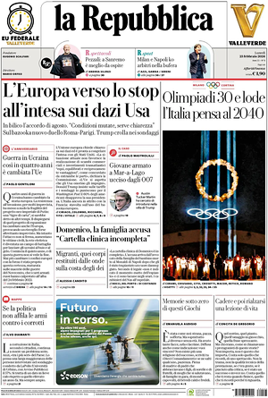Prima pagina La Repubblica di oggi - Quotidiano nazionale