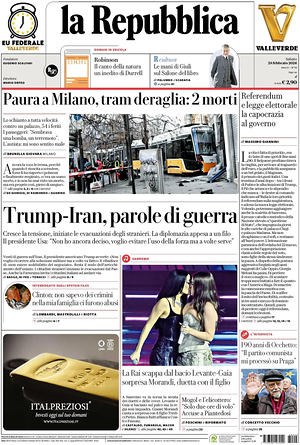 Prima pagina La Repubblica di oggi - Quotidiano nazionale