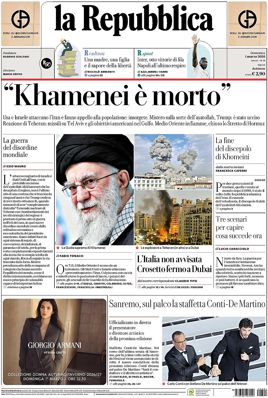 Prima pagina La Repubblica di oggi - Edicola 1 Marzo 2026