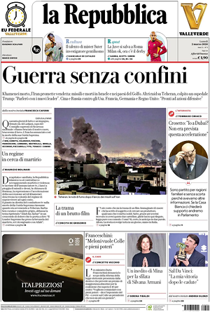 Prima pagina La Repubblica di oggi - Quotidiano nazionale