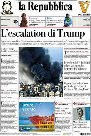 Prima pagina La Repubblica di oggi - Quotidiano nazionale
