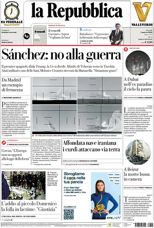 Prima pagina La Repubblica di oggi - Quotidiano nazionale