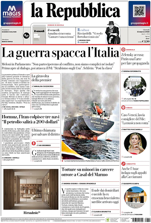 Prima pagina La Repubblica di oggi - Quotidiano nazionale