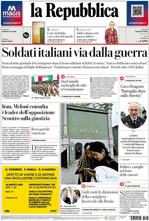 Prima pagina La Repubblica di oggi - Quotidiano nazionale