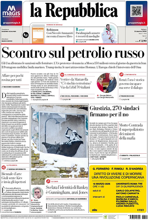 Prima pagina La Repubblica di oggi - Quotidiano nazionale
