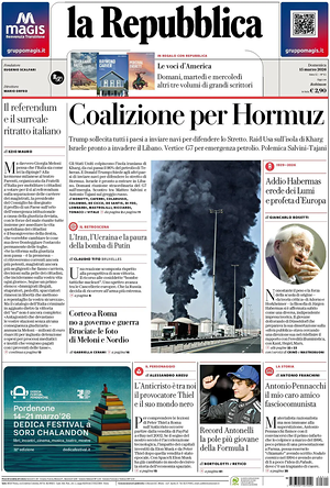 Prima pagina La Repubblica di oggi - Quotidiano nazionale