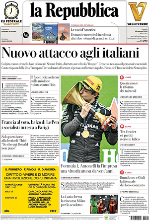 Prima pagina La Repubblica di oggi - Quotidiano nazionale