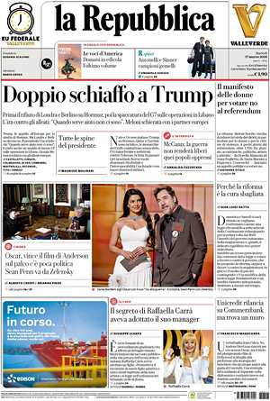Prima pagina La Repubblica di oggi - Quotidiano nazionale