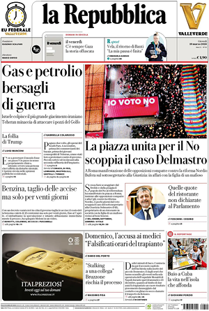Prima pagina La Repubblica di oggi - Quotidiano nazionale
