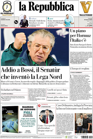 Prima pagina La Repubblica di oggi - Quotidiano nazionale
