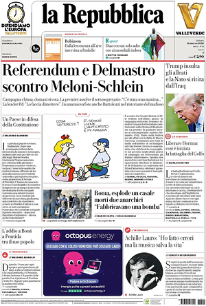 Prima pagina La Repubblica di oggi - Quotidiano nazionale