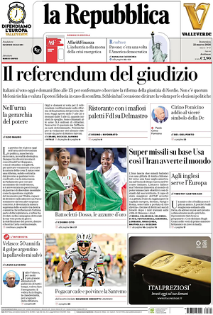 Prima pagina La Repubblica di oggi - Quotidiano nazionale