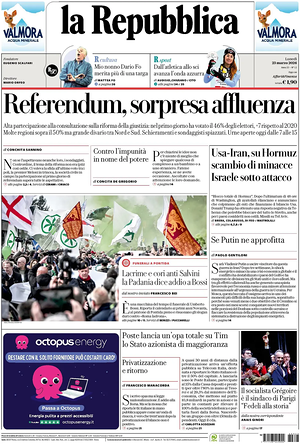 Prima pagina La Repubblica di oggi - Quotidiano nazionale