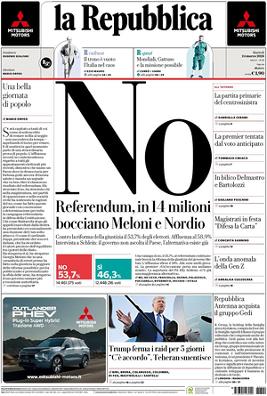 Prima pagina La Repubblica di oggi - Quotidiano nazionale